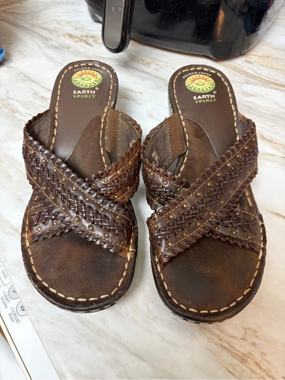 Earth Spirit Brown Braided Leather Cross-Strap Slides